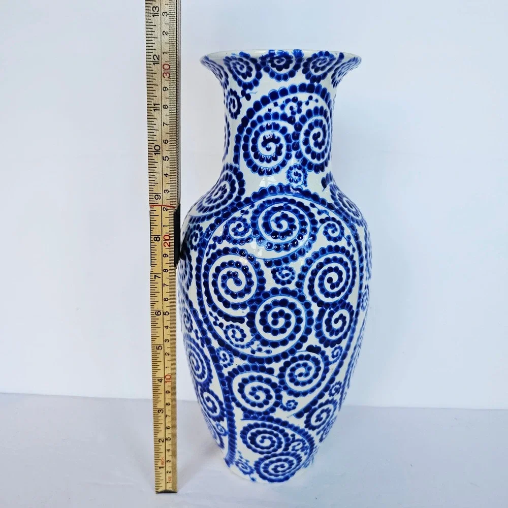 Vintage Blue and White Swirl Hand Painted Ceramic Vase 12.5